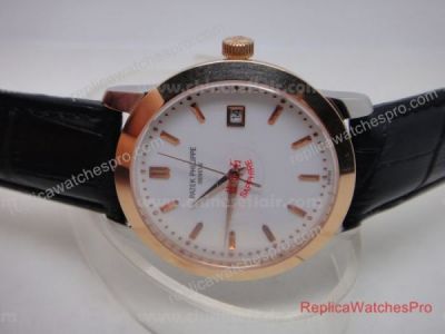 Replica Patek Philippe Geneve Rose Gold White Dial Rose Gold Case Leather Watch 